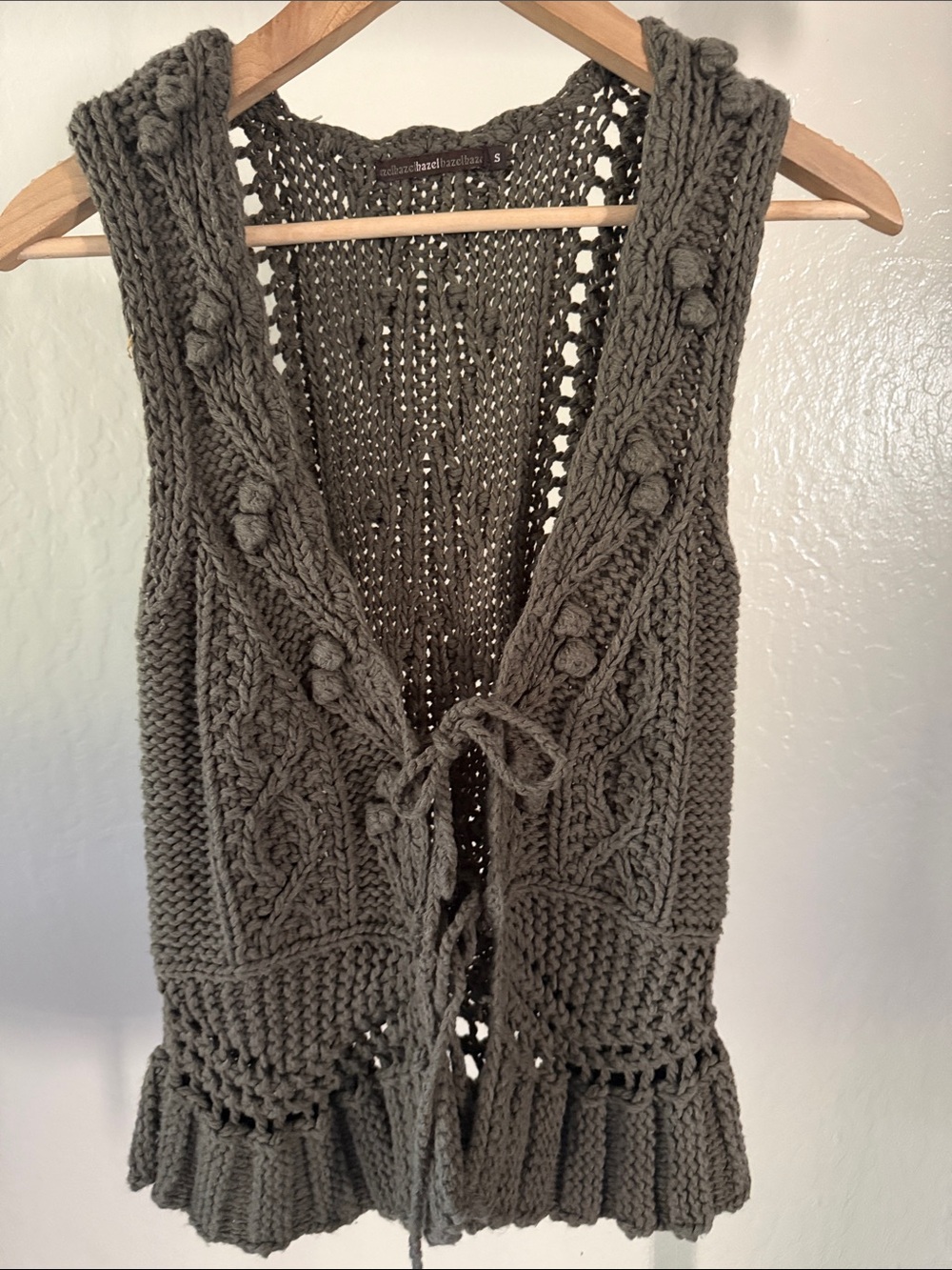hazel Olive Green Crochet Tie-Front Sleeveless Cardigan Boho Vest Size S